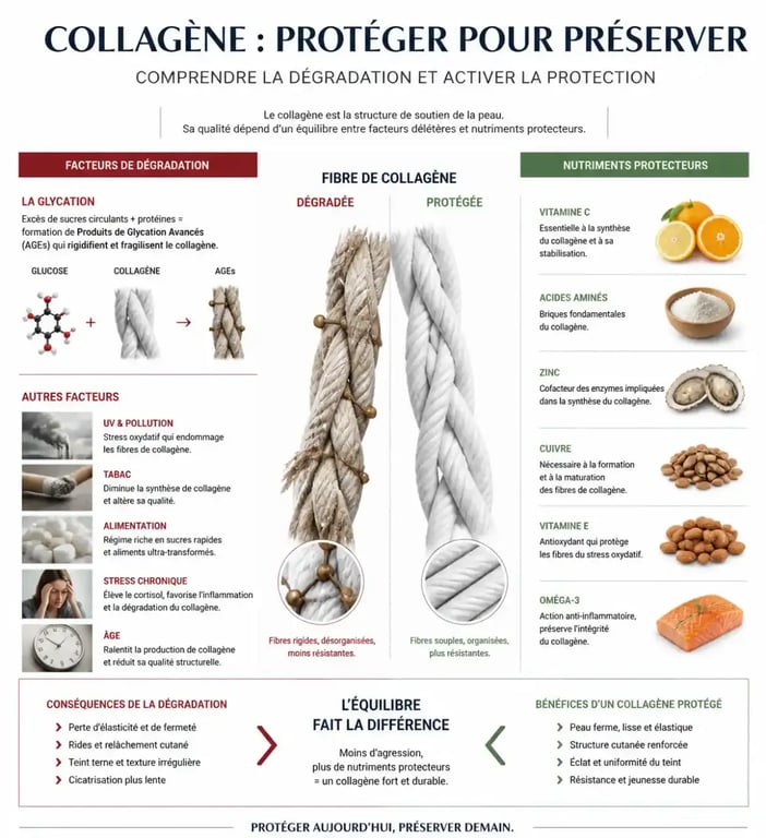 Infographie sur les ennemis du collagène dans les aliments et facteurs de dégradation