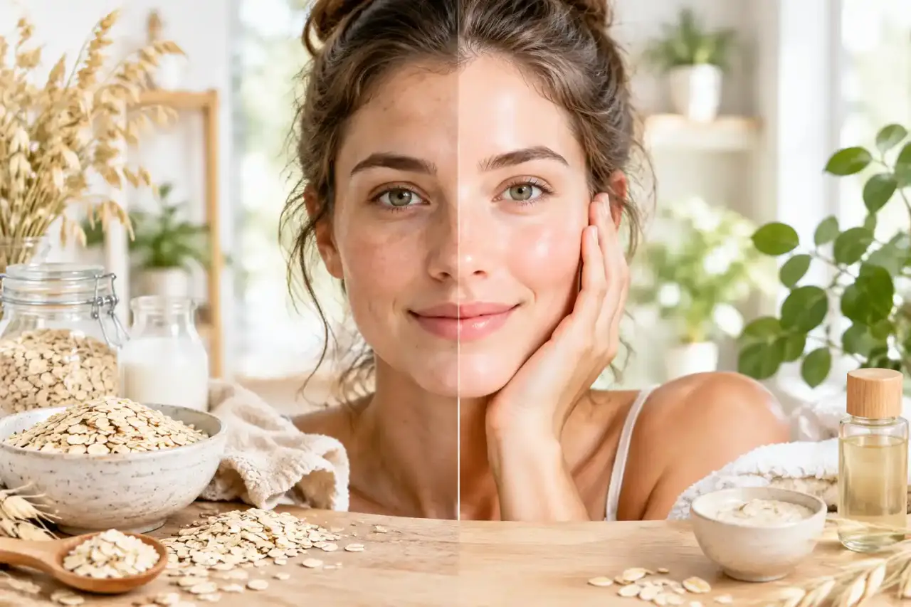 Femme appliquant un soin doux à l’avoine sur son visage, dans une salle de bain lumineuse