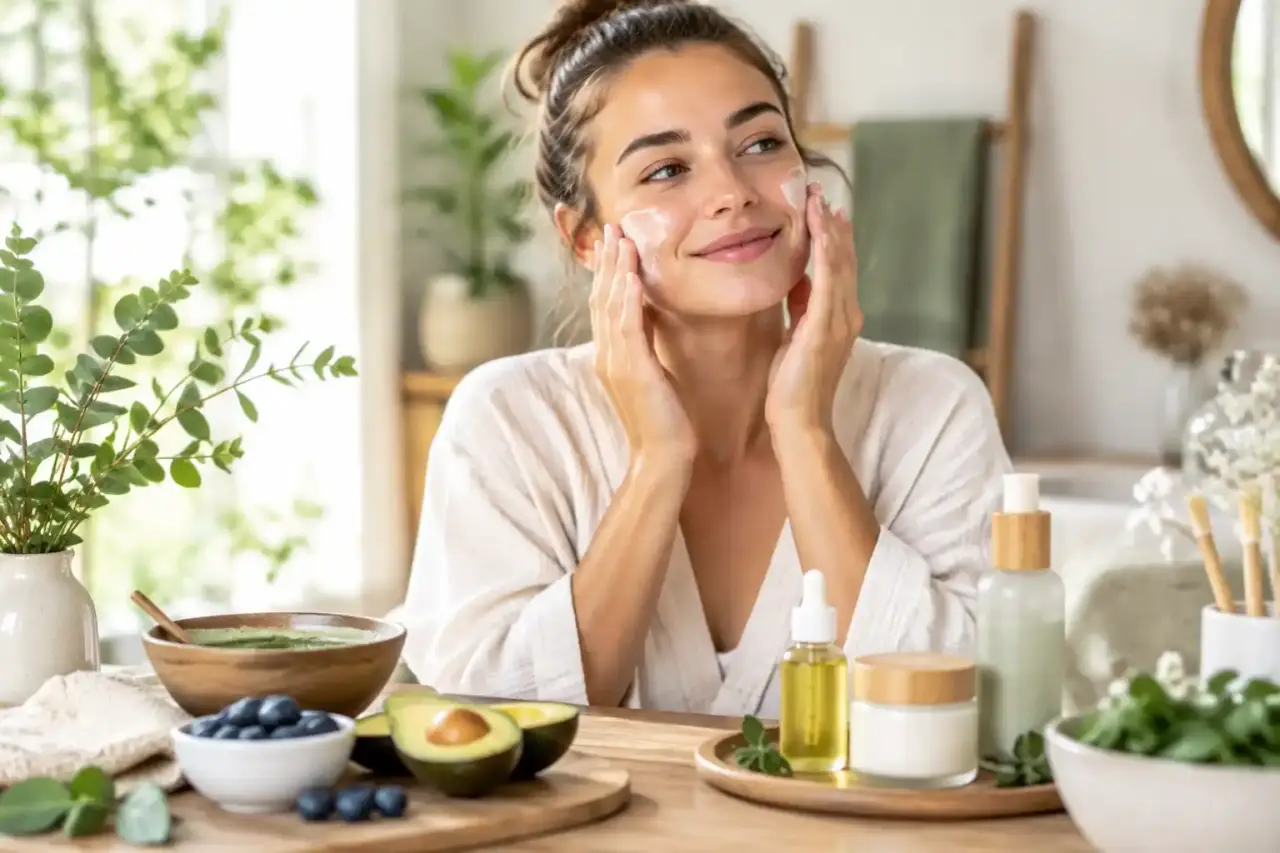 Femme sereine réalisant une routine de soin visage naturelle