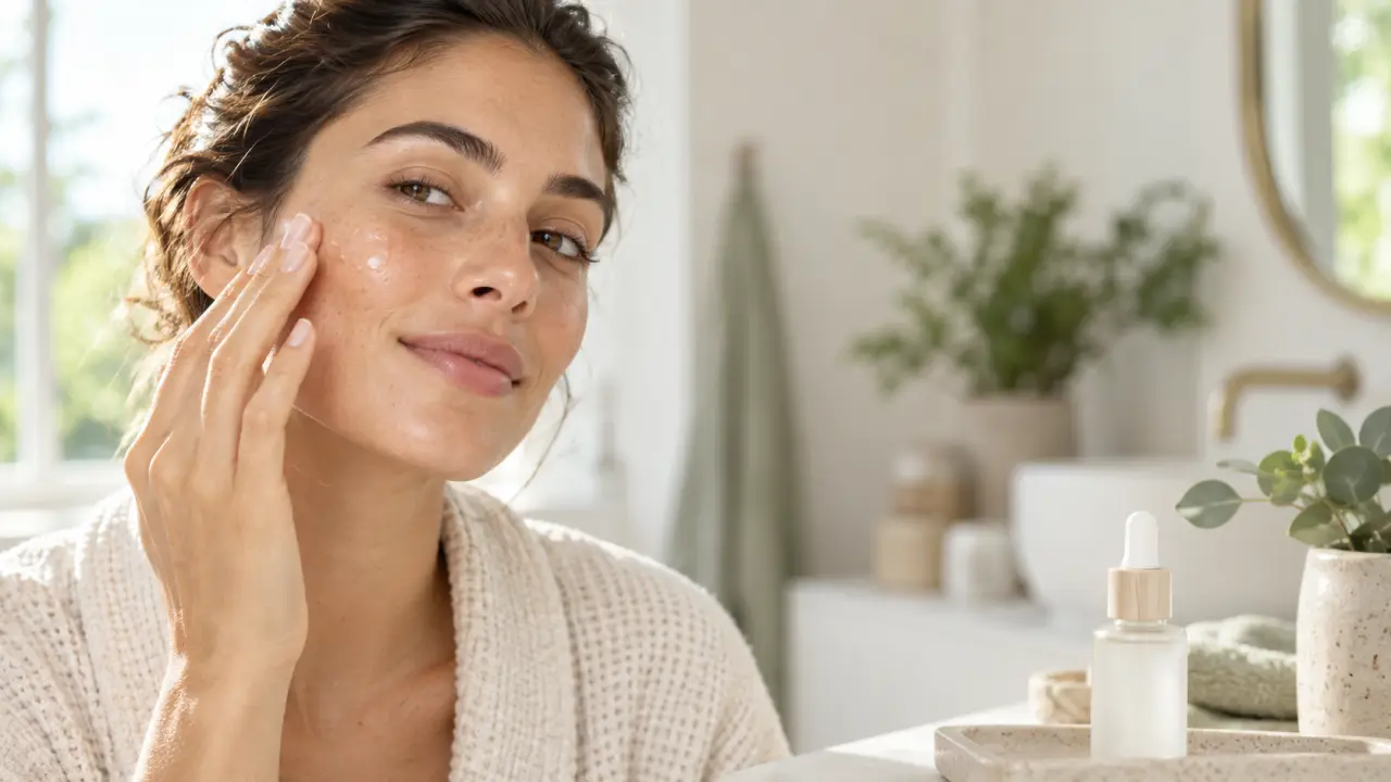Femme appliquant une crème légère sur une peau lumineuse, dans une salle de bain aux teintes naturelles
