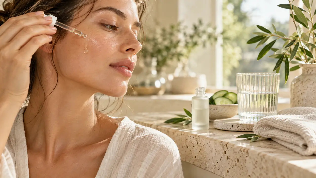 Femme sereine appliquant une huile de soin sur une peau lumineuse