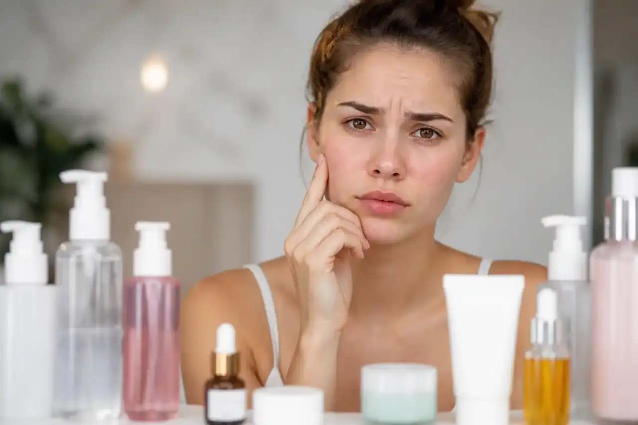 Routine de soin visage en couches délicates dans une ambiance douce et lumineuse