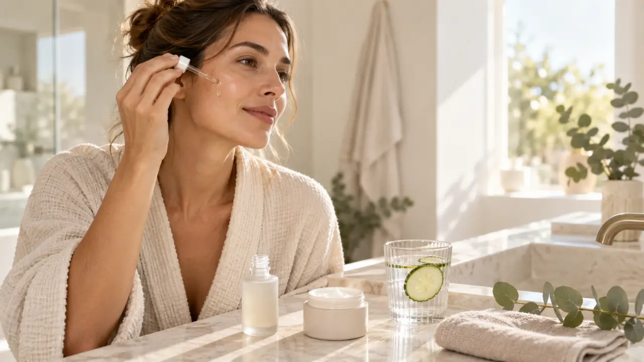 Femme sereine appliquant une routine de soin hydratante dans une salle de bain lumineuse