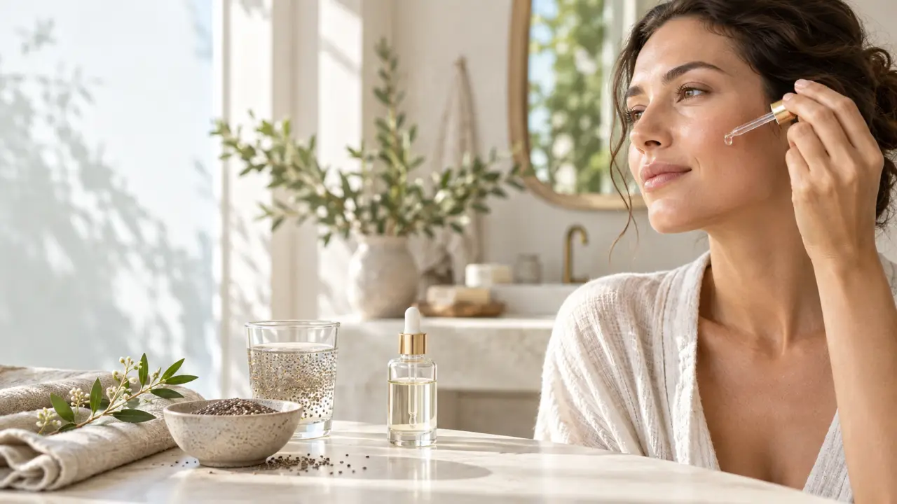 Bol de graines de chia, eau fraîche et soins naturels dans une salle de bains lumineuse