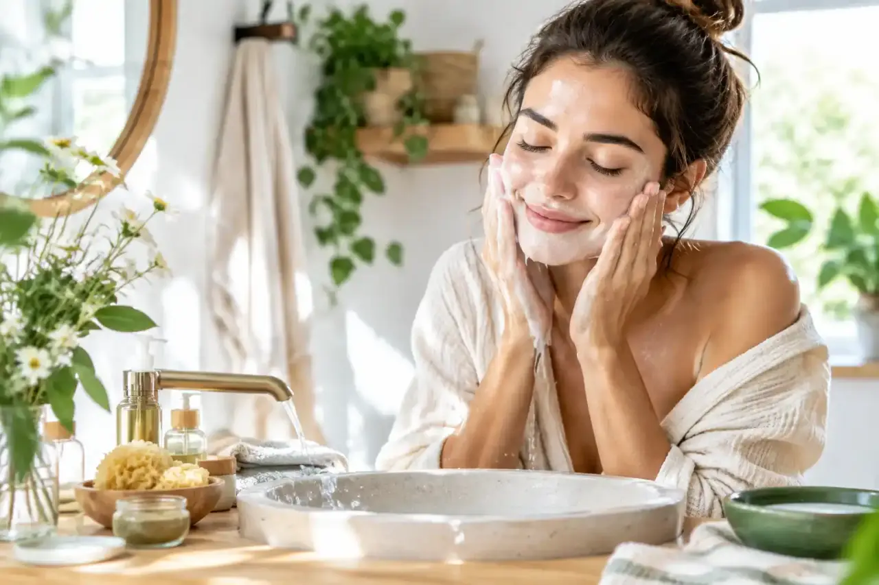 Femme sereine réalisant un rituel de nettoyage naturel du visage