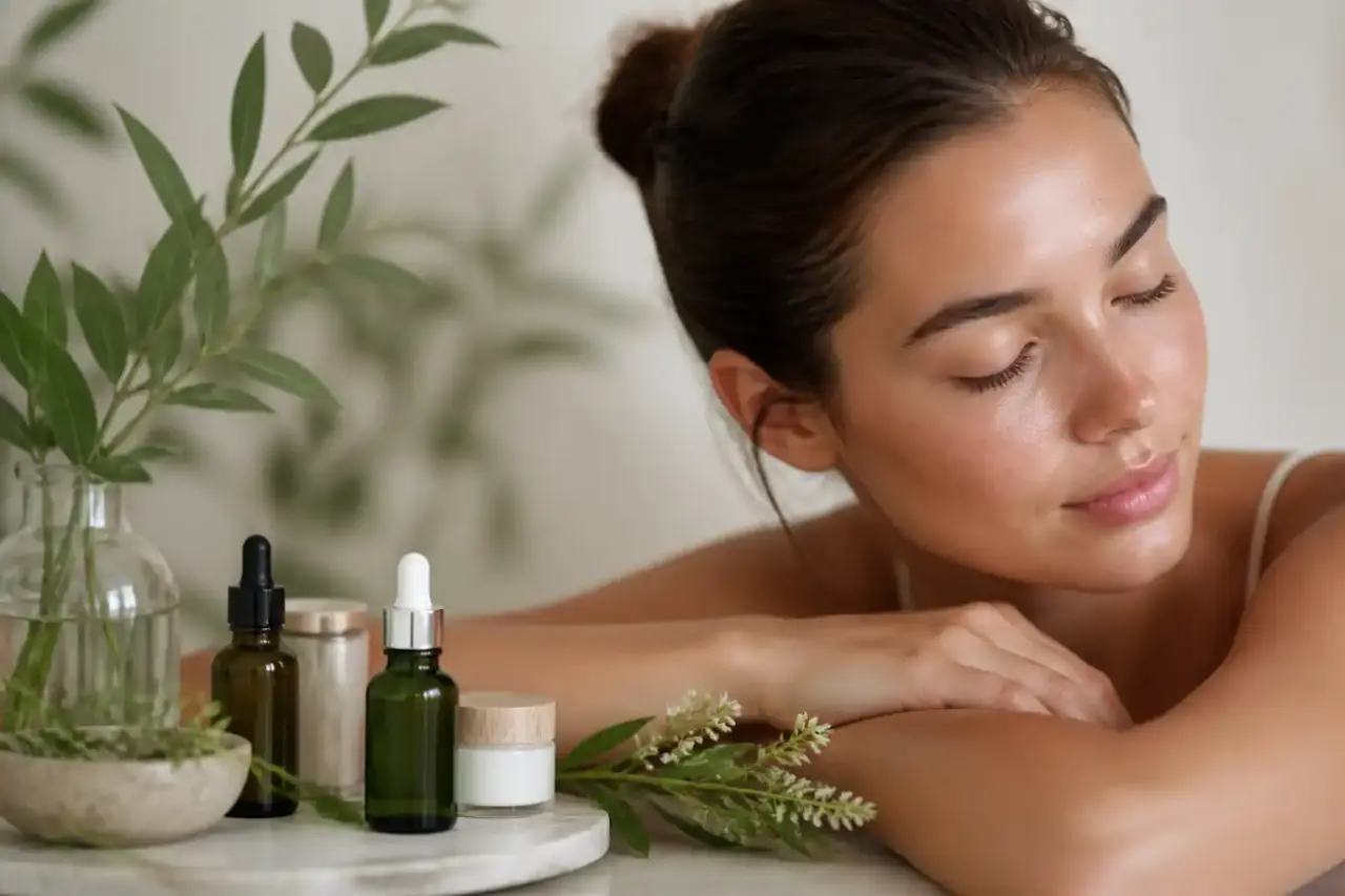 Routine beauté botanique avec soins visage, plantes et textures pastel