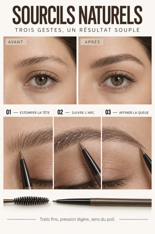 Maquillage sourcils naturel en trois étapes, de la tête à la queue du sourcil