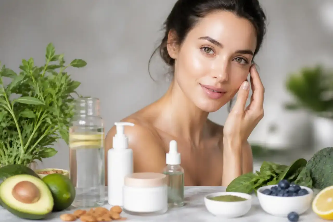 Composition douce et lumineuse autour d’une peau éclatante, de textures naturelles et de super-aliments
