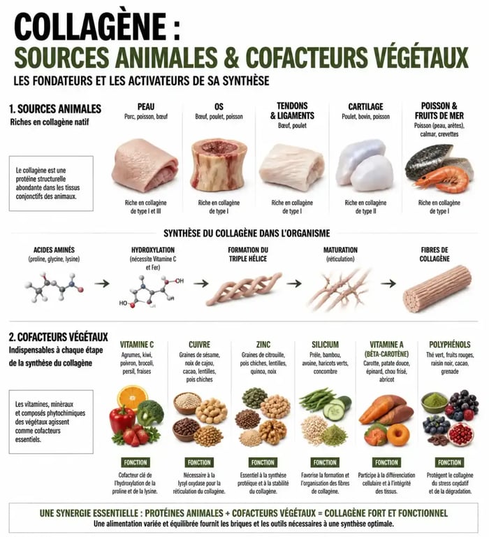Infographie des sources de collagène dans les aliments et cofacteurs essentiels