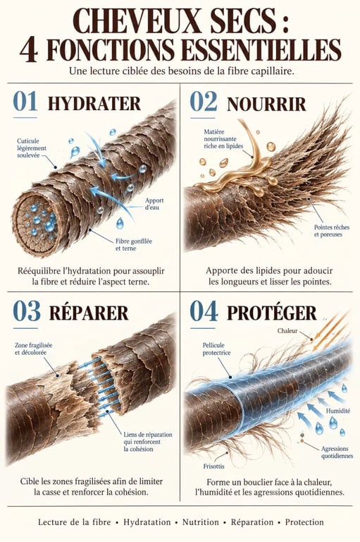 Infographie sur le soin pour cheveux secs : hydrater, nourrir, réparer et protéger