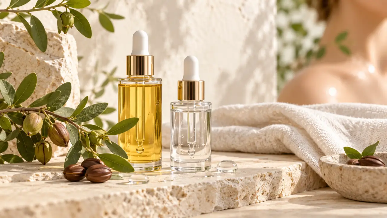 Flacons d’huile de jojoba et de squalane dans une salle de bain lumineuse