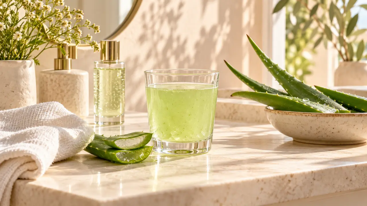 Femme sereine préparant une routine beauté naturelle avec du jus d’aloe