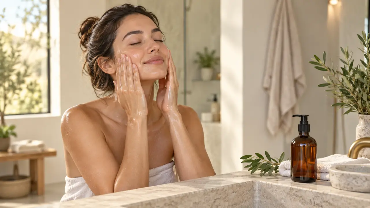 Femme réalisant un démaquillage à l’huile dans une salle de bains lumineuse