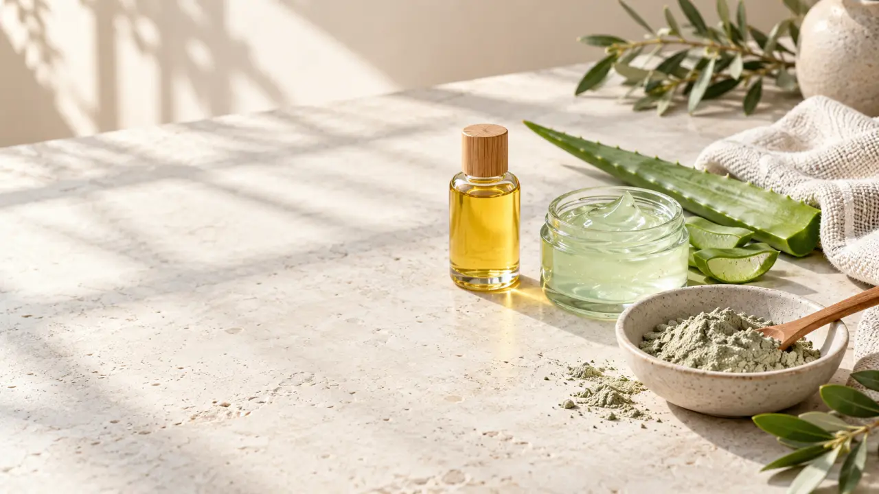 Routine visage naturelle avec des soins et des ingrédients végétaux sur une table claire
