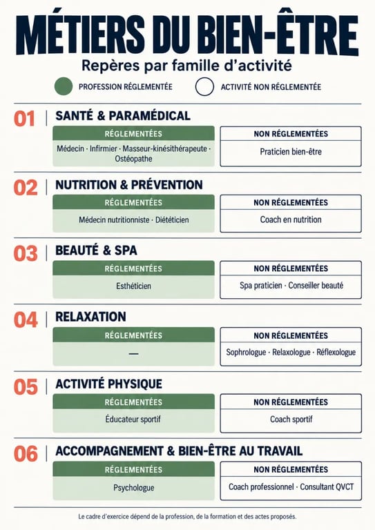 Infographie des familles de métiers du bien-être et de leur niveau d'encadrement