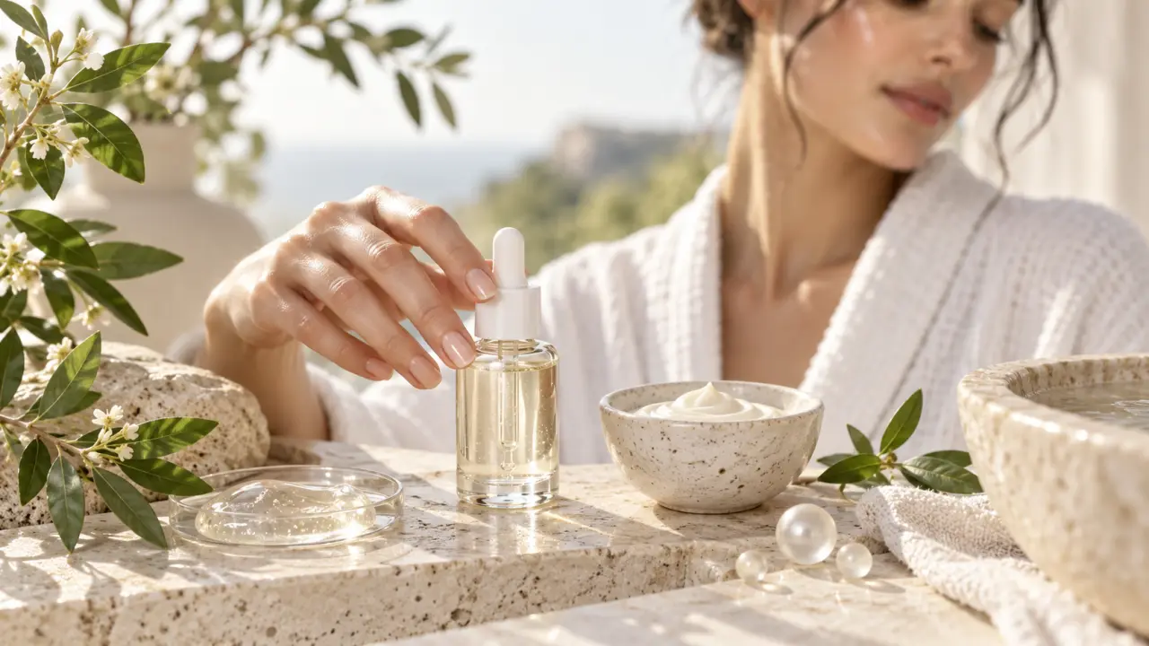 Femme sereine appliquant un soin visage aux peptides postbiotiques dans une ambiance naturelle et lumineuse