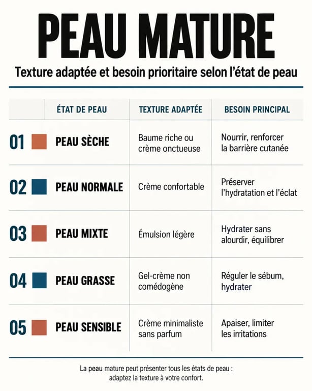 Infographie soin visage peau mature selon le type de peau et la texture adaptée