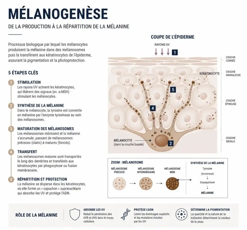 Schéma explicatif de la mélanogenèse et de la pigmentation de la peau