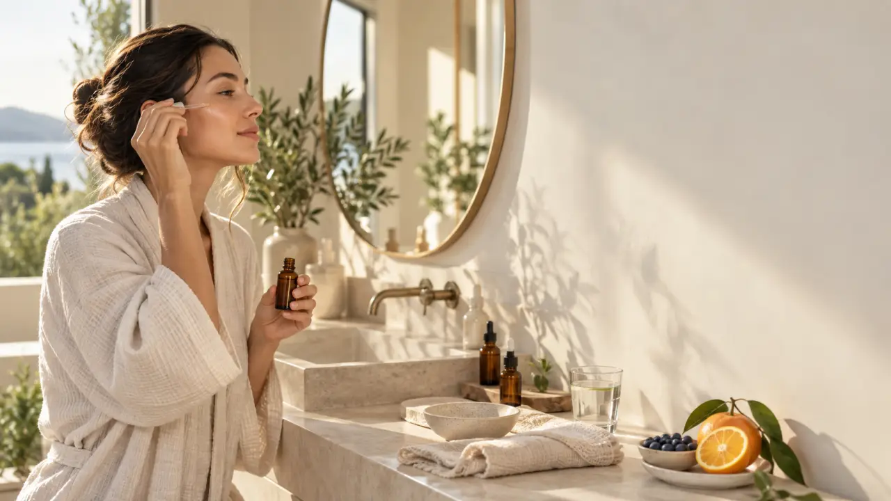 Femme réalisant un rituel visage matinal dans une lumière douce