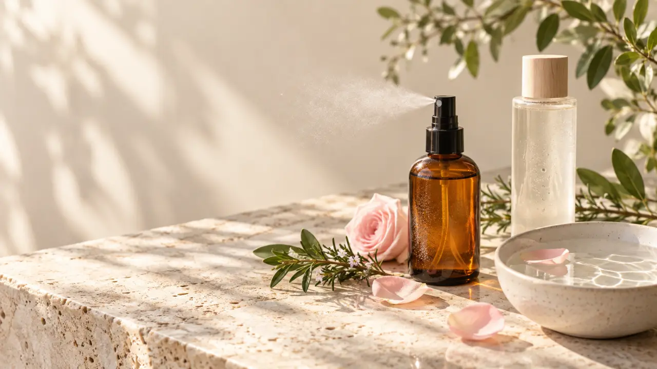 Flacons d’hydrolat et de toner naturels entourés de fleurs et de feuilles