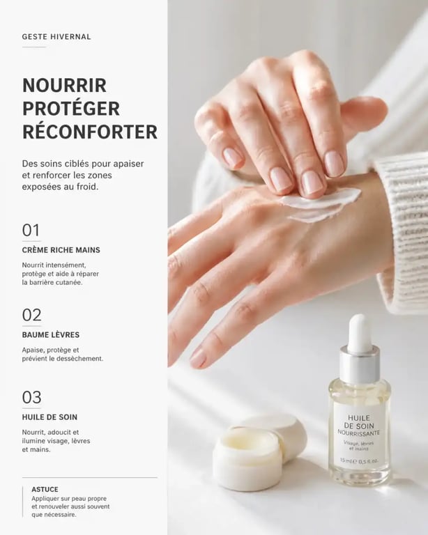 Routine beauté hiver : application d'une crème riche sur les mains