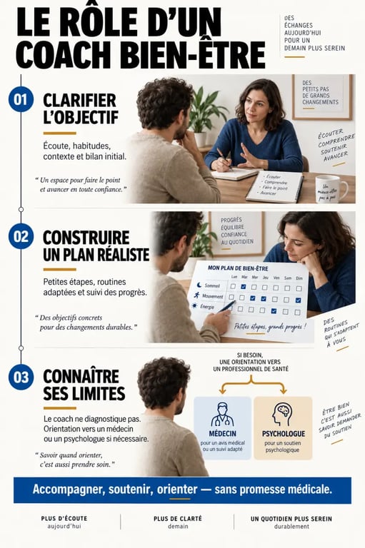 Infographie expliquant le rôle d’un coach bien-être, le déroulement d’une séance et ses limites