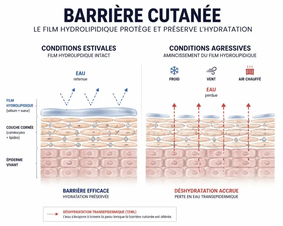 Schéma du film hydrolipidique et de la routine beauté hiver face au froid