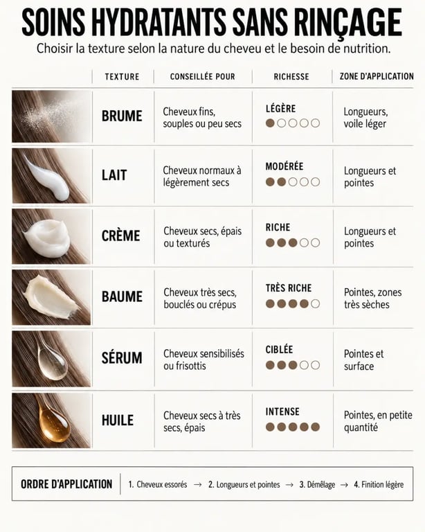 Infographie sur le soin hydratant cheveux sans rinçage selon la texture et le type de cheveux