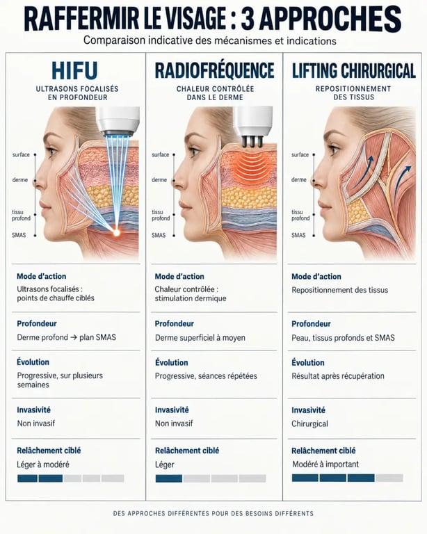 Infographie comparant le soin HIFU visage, la radiofréquence et le lifting chirurgical