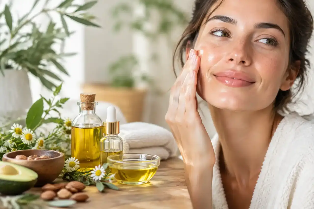 Femme sereine appliquant une huile végétale sur son visage dans une ambiance douce et naturelle