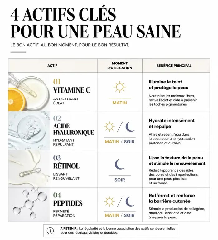 Actifs routine beauté visage 40 ans vitamine C acide hyaluronique rétinol peptides