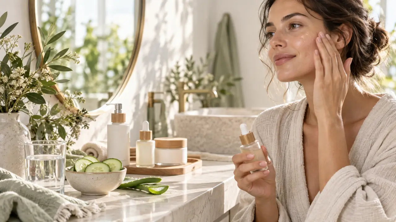 Femme sereine prenant soin de sa peau avec une crème hydratante dans une ambiance naturelle