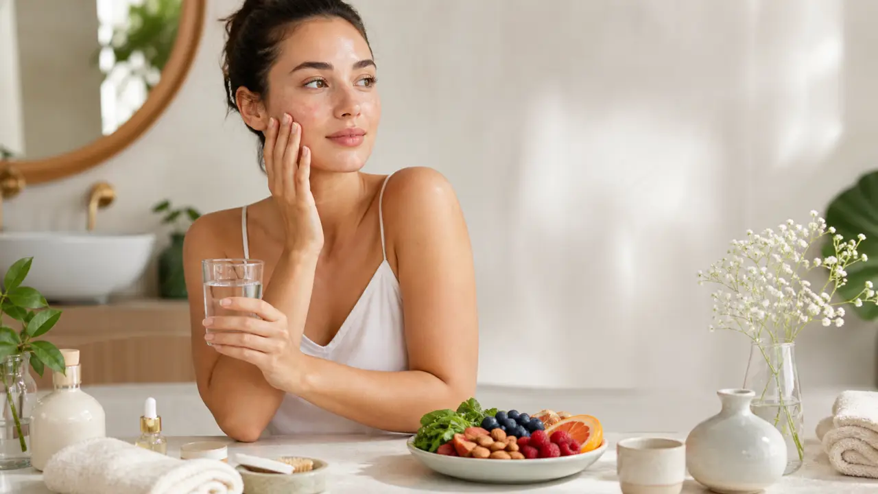 Femme au réveil dans une ambiance douce et lumineuse, évoquant un teint naturel et reposé