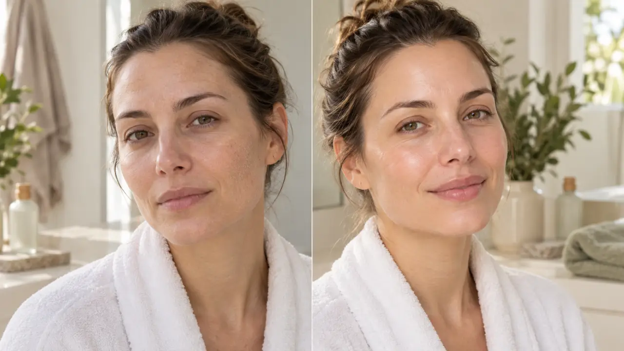 Femme appliquant doucement un soin hydratant sur son visage dans une salle de bain lumineuse